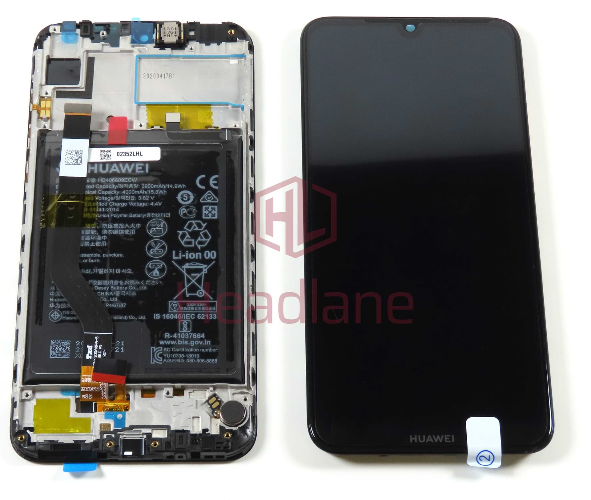 Huawei Y7 (2019) LCD Display / Screen + Touch + Battery Assembly - Black - 02352KCV - Huawei Replacement Part