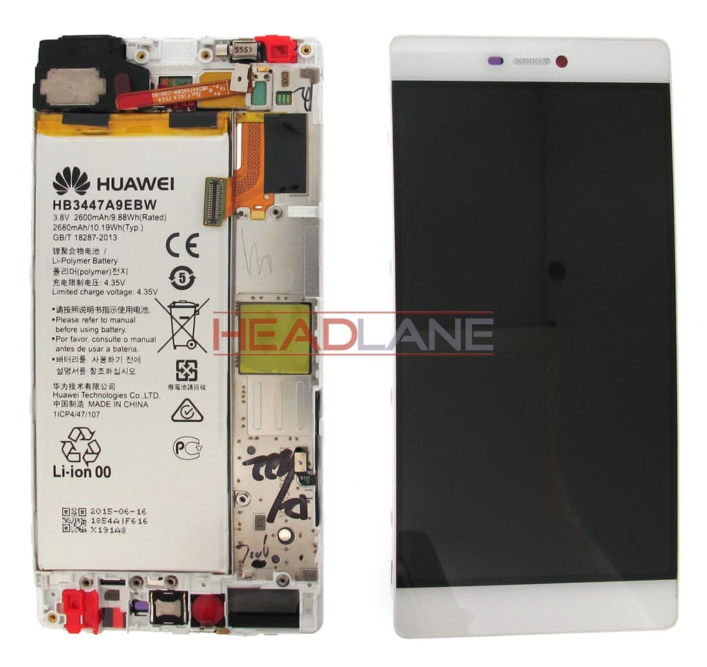 Huawei P8 LCD Display / Screen + Touch + Battery Assembly - White - 02350GRS - Huawei Replacement Part